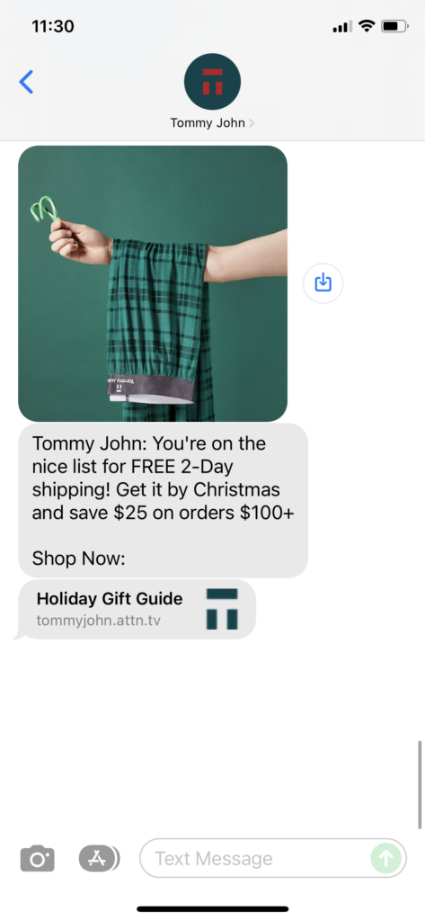 Tommy John Text Message Marketing Example - 12.19.2021