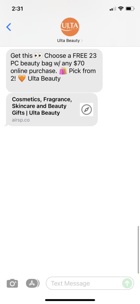 Ulta Beauty Text Message Marketing Example - 12.06.2021