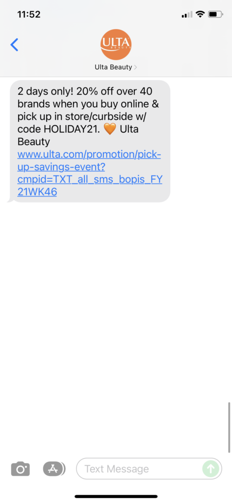Ulta Beauty Text Message Marketing Example - 12.17.2021