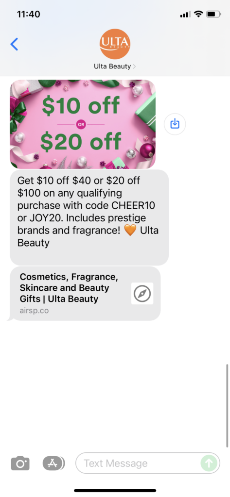 Ulta Beauty Text Message Marketing Example - 12.18.2021