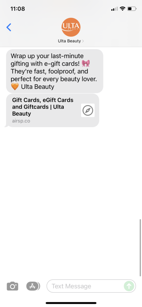 Ulta Beauty Text Message Marketing Example - 12.23.2021
