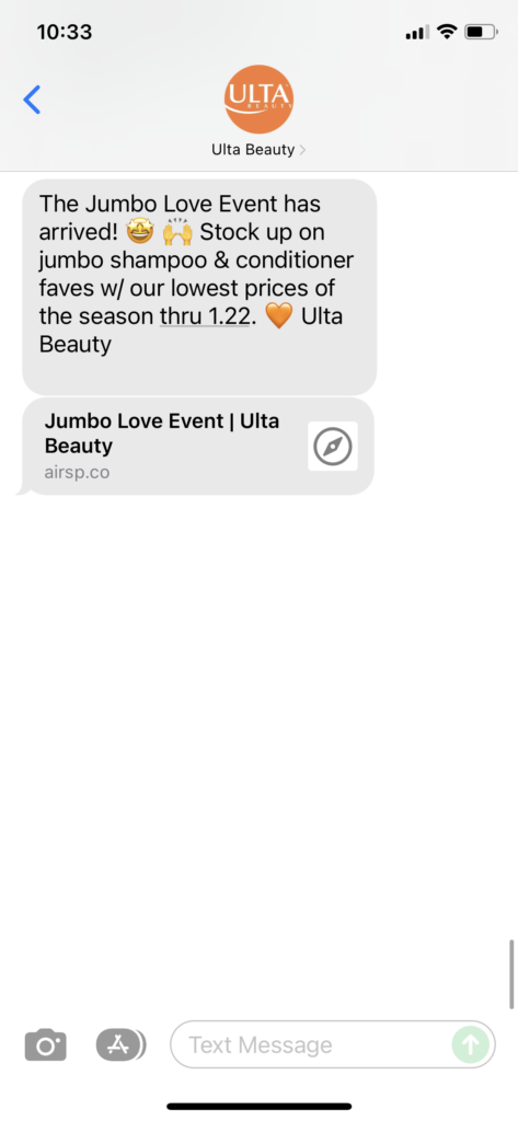 Ulta Beauty Text Message Marketing Example - 12.26.2021