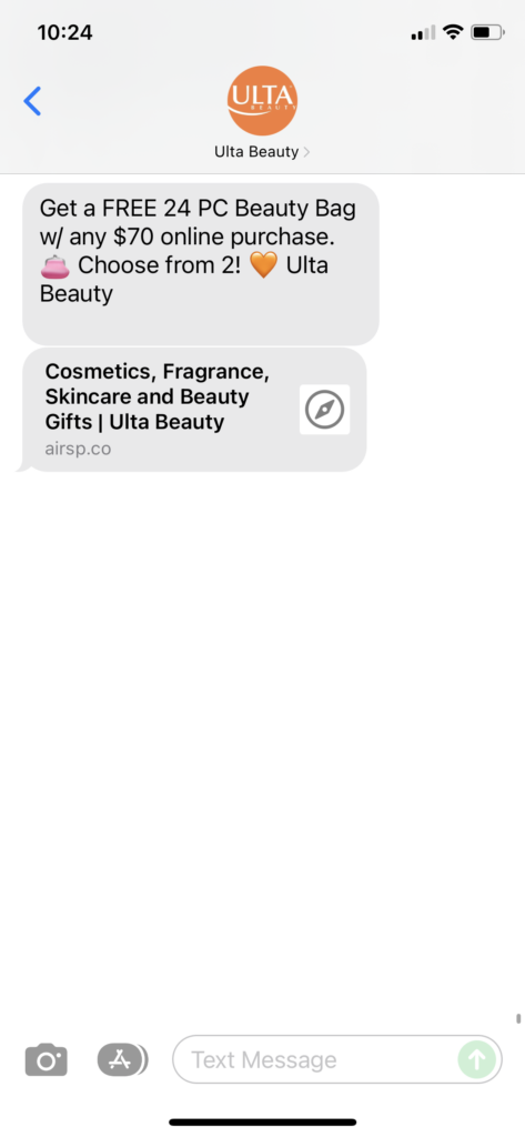 Ulta Beauty Text Message Marketing Example - 12.27.2021