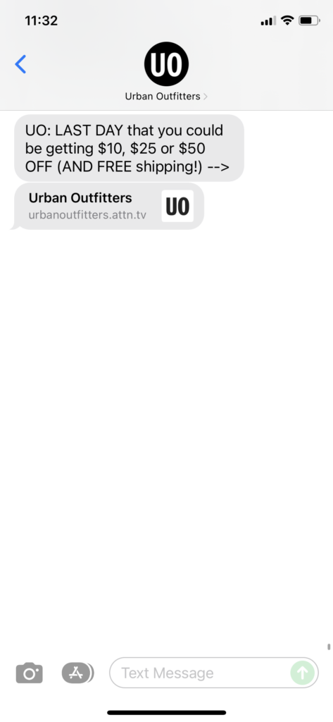 Urban Outfitters 1 Text Message Marketing Example - 12.19.2021