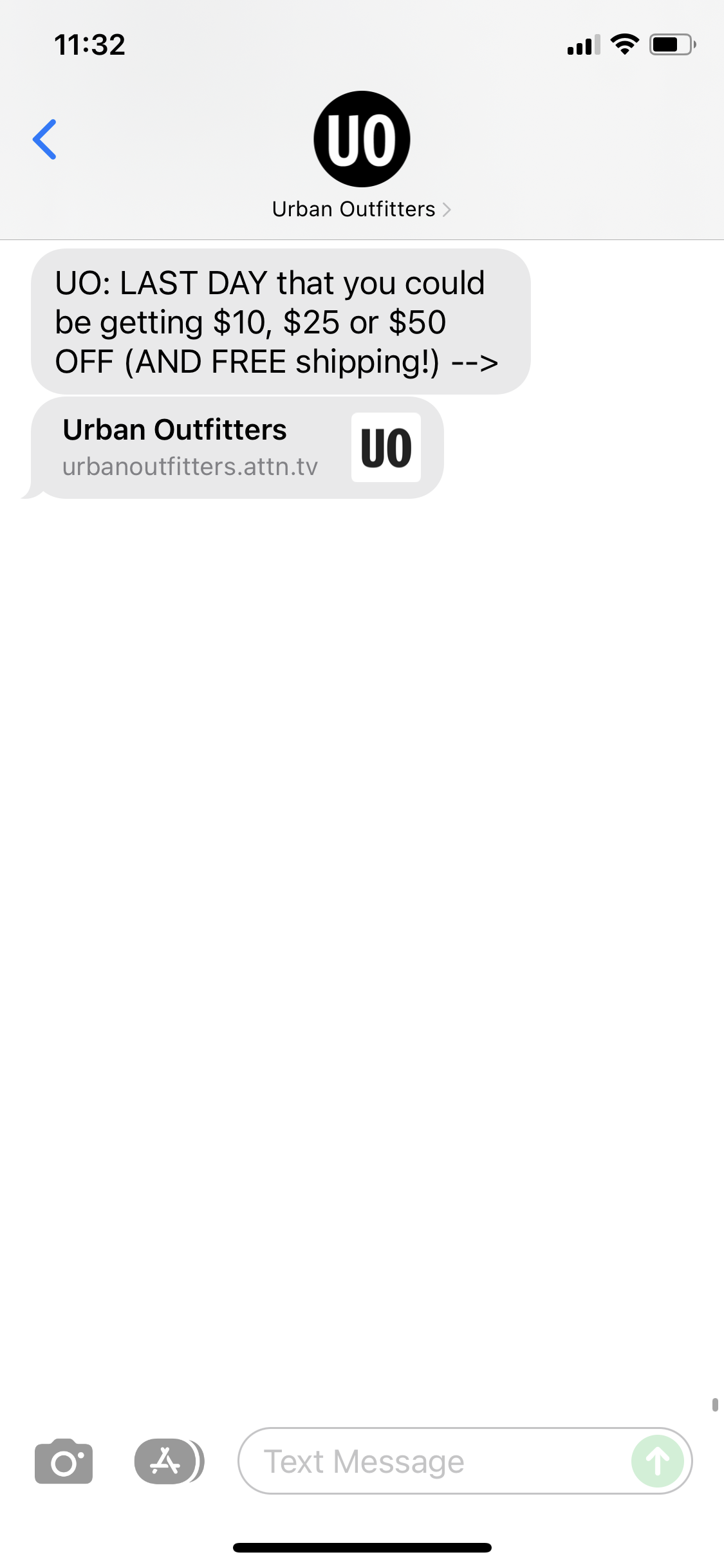 Urban Outfitters 1 Text Message Marketing Example 12.19.2021 SMS