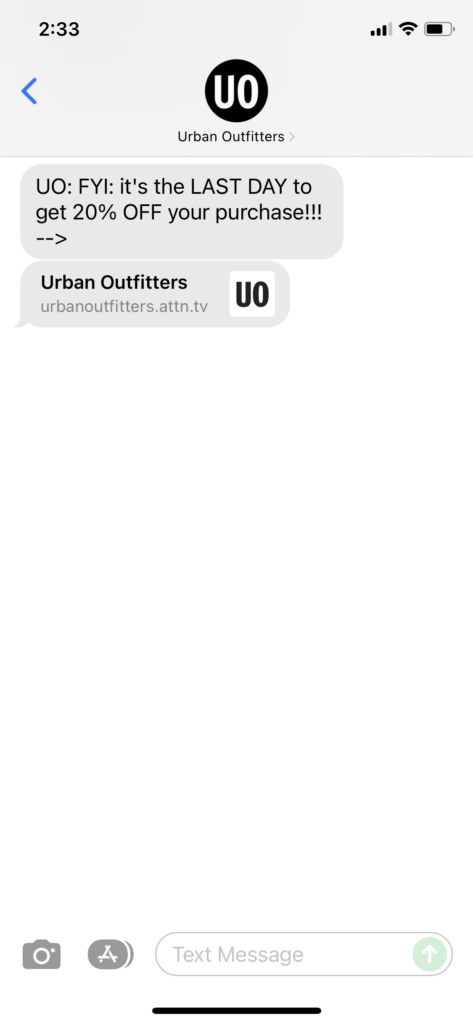 Urban Outfitters Text Message Marketing Example - 12.06.2021