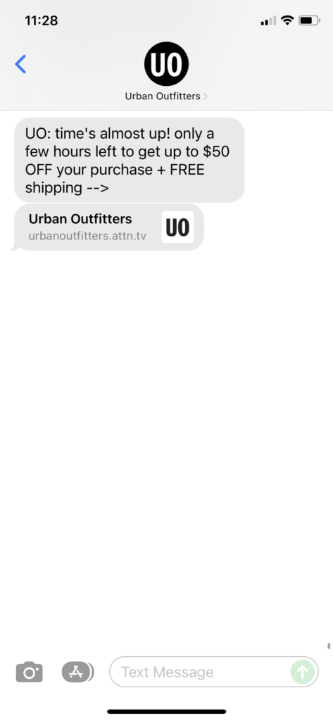 Urban Outfitters Text Message Marketing Example - 12.19.2021