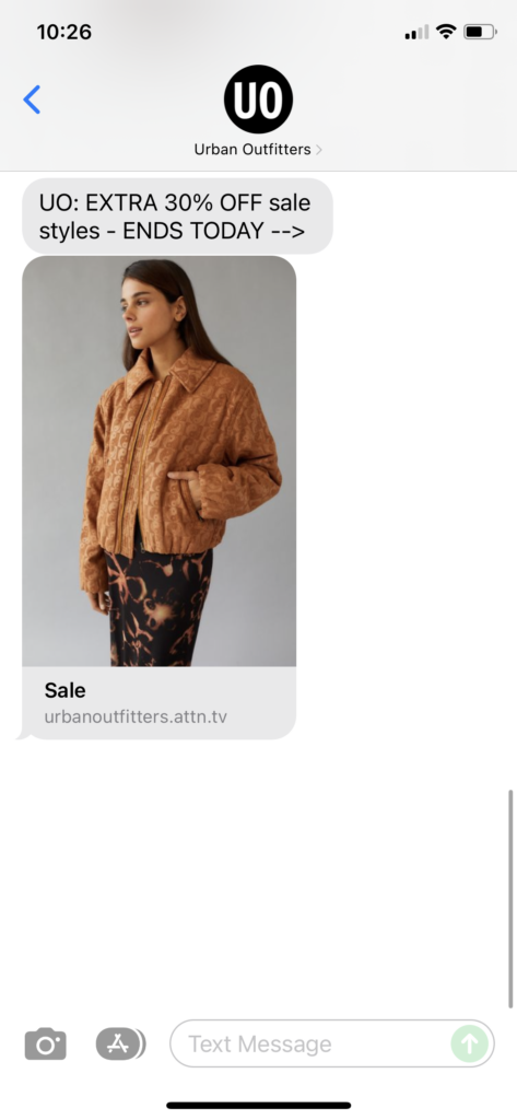 Urban Outfitters Text Message Marketing Example - 12.27.2021
