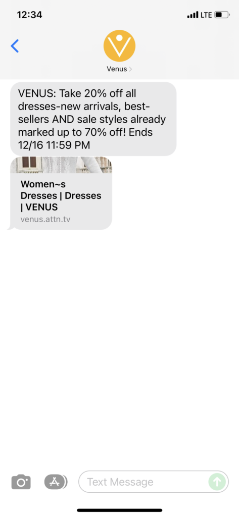 Venus Text Message Marketing Example - 12.15.2021