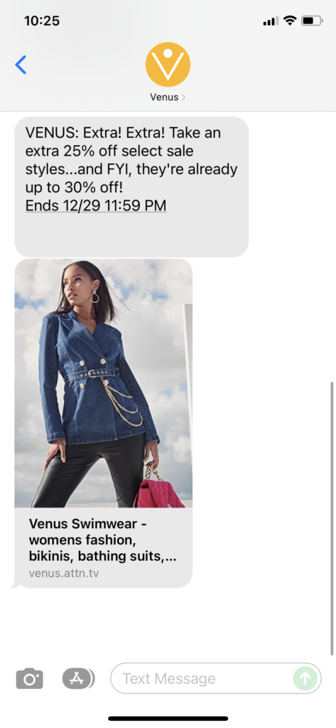 Venus Text Message Marketing Example - 12.27.2021