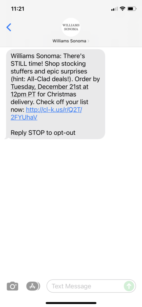Williams Sonoma Text Message Marketing Example - 12.20.2021