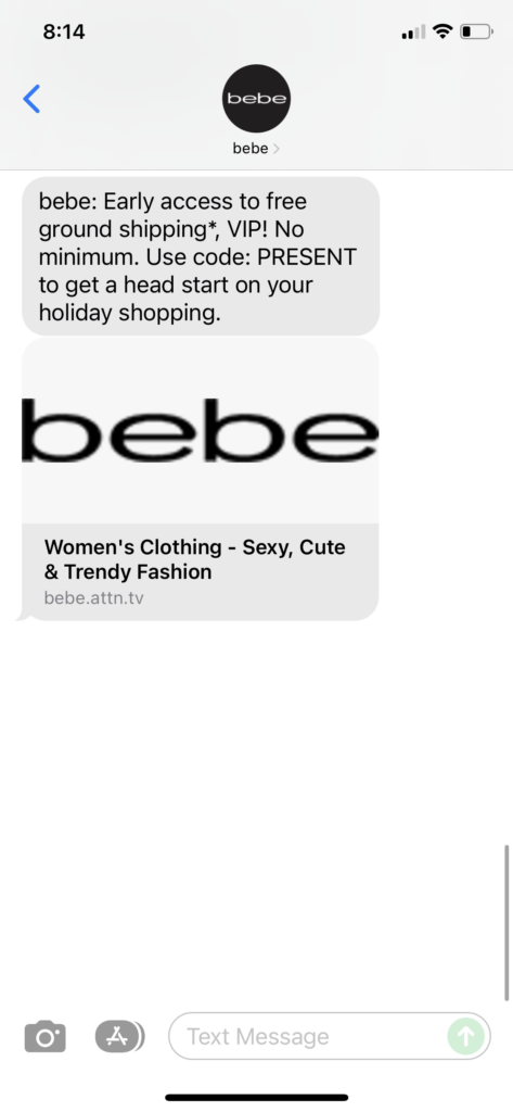 bebe Text Message Marketing Example - 12.08.2021