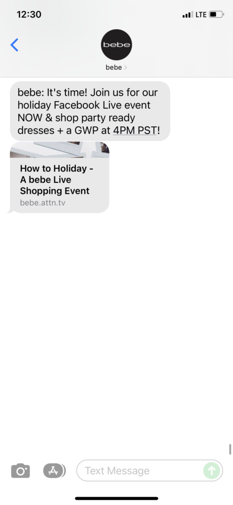 bebe Text Message Marketing Example - 12.15.2021