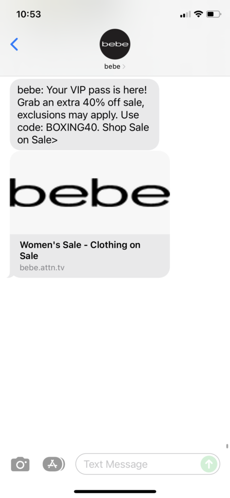 bebe Text Message Marketing Example - 12.25.2021