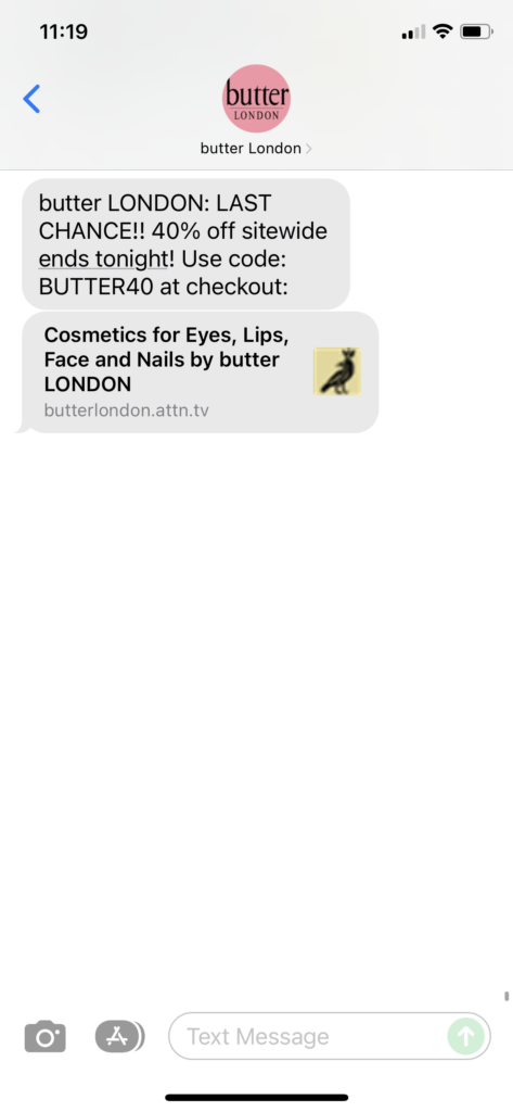 butter London Text Message Marketing Example - 12.20.2021