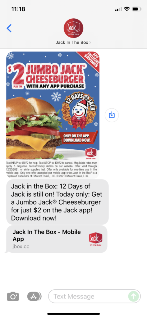 jack in the Box Text Message Marketing Example - 12.20.2021