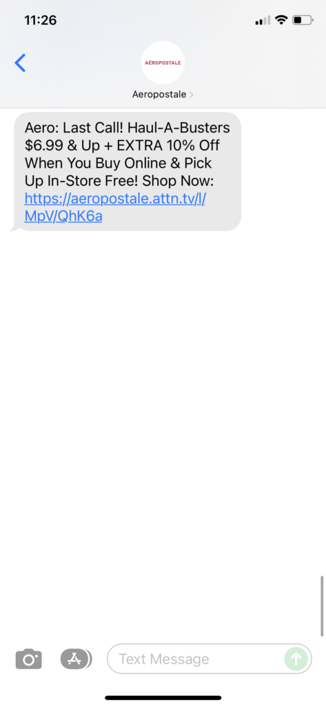Aeropostale Text Message Marketing Example - 12.22.2021
