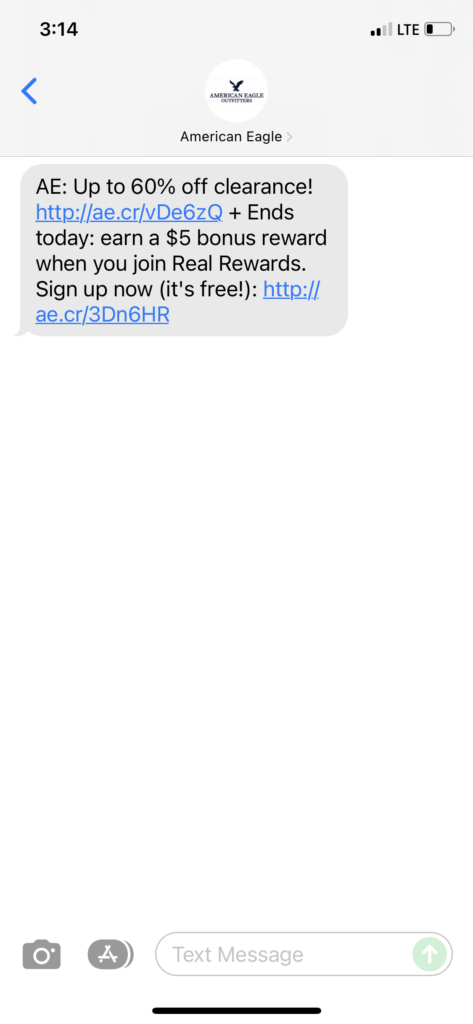 American Eagle Text Message Marketing Example - 12.29.2021