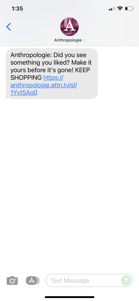 Anthropologie Text Message Marketing Example - 12.13.2021