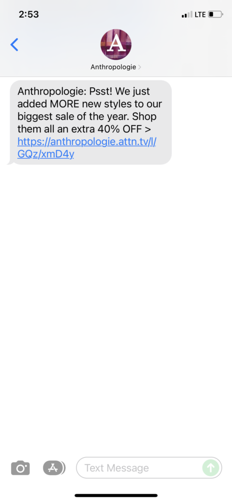 Anthropologie Text Message Marketing Example - 12.30.2021