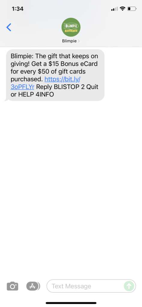 Blimpie Text Message Marketing Example - 12.13.2021