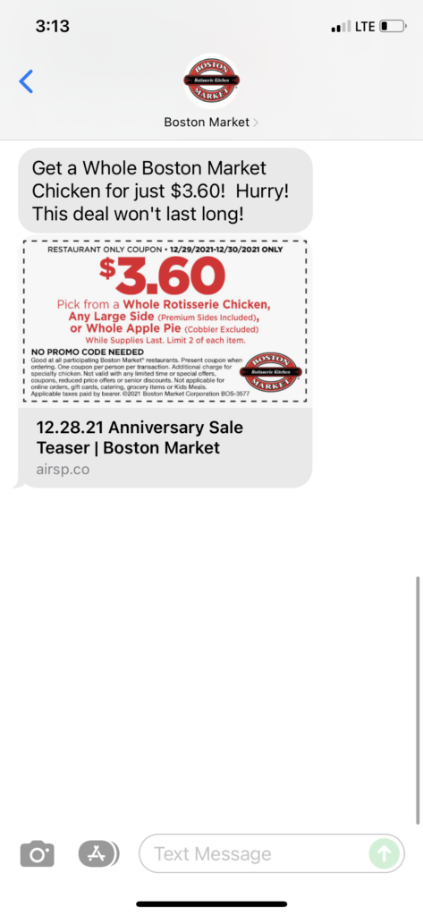 Boston Market Text Message Marketing Example - 12.29.2021