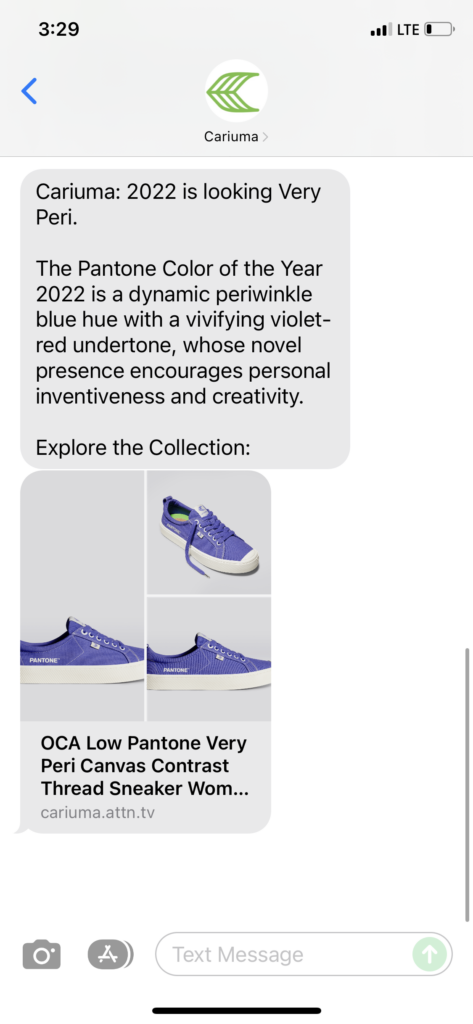 Cariuma Text Message Marketing Example - 12.28.2021