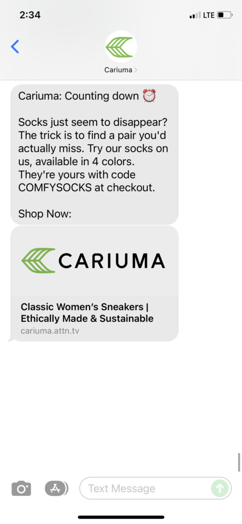 Cariuma Text Message Marketing Example - 12.31.2021