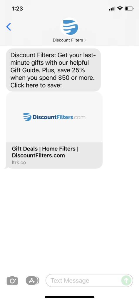 Discount Filters Text Message Marketing Example - 12.13.2021