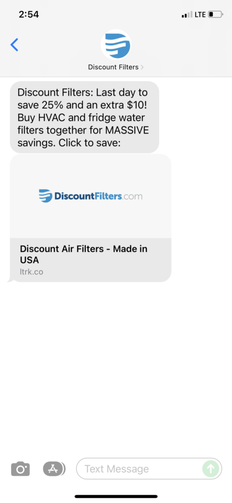 Discount Filters Text Message Marketing Example - 12.30.2021