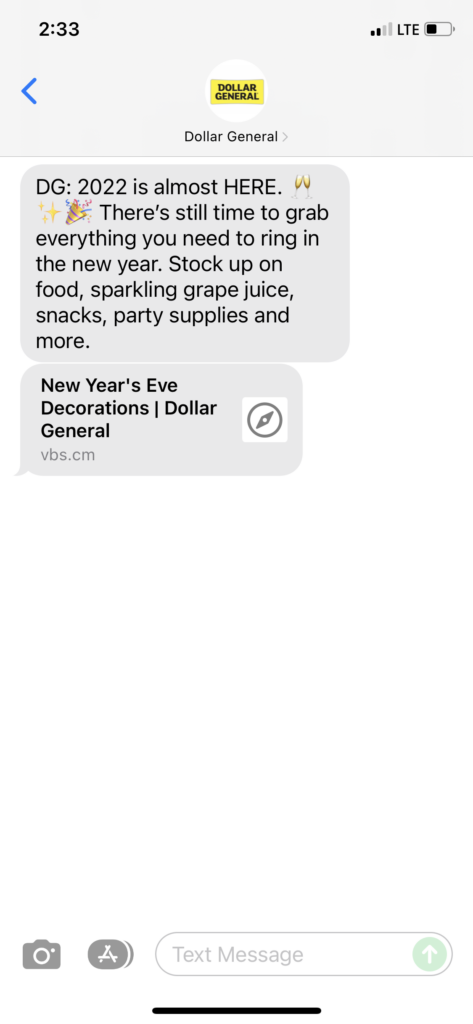 Dollar General Text Message Marketing Example - 12.31.2021
