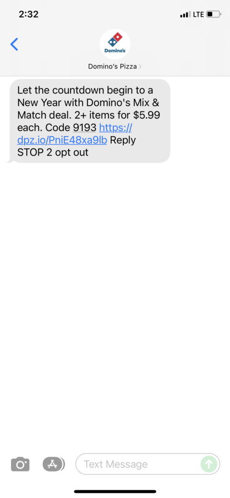 Domino's Text Message Marketing Example - 12.31.2021