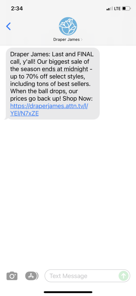Draper James Text Message Marketing Example - 12.31.2021