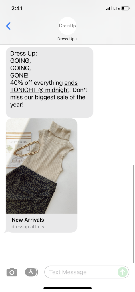 Dress Up Text Message Marketing Example - 12.31.2021