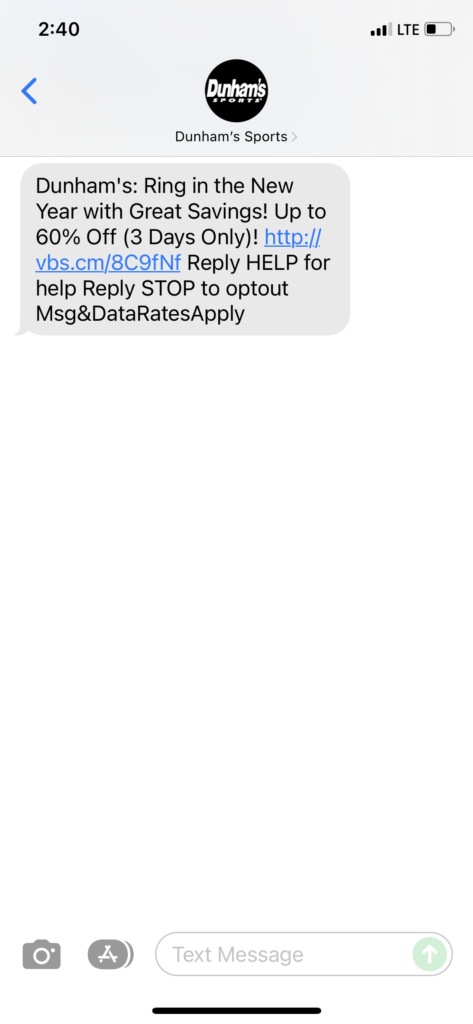 Dunham's Text Message Marketing Example - 12.31.2021
