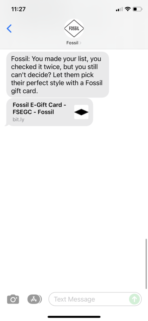 Fossil Text Message Marketing Example - 12.22.2021