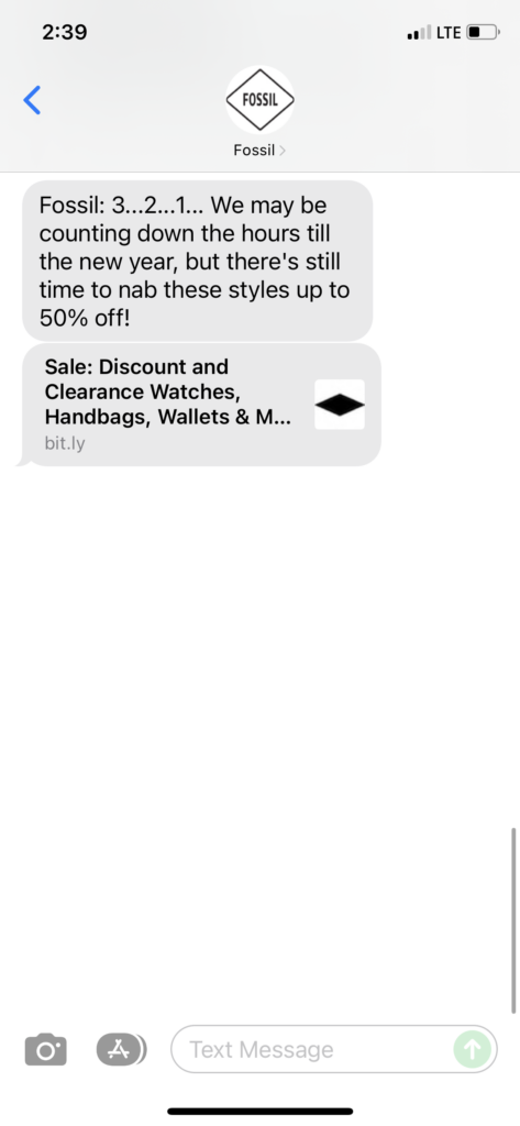 Fossil Text Message Marketing Example - 12.31.2021