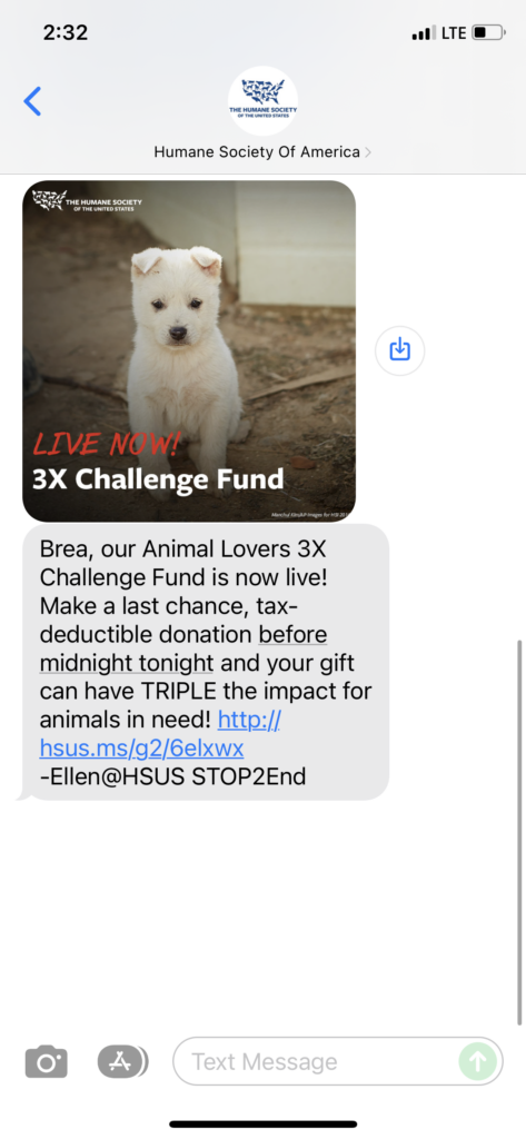 Humane Society of America 1 Text Message Marketing Example - 12.31.2021