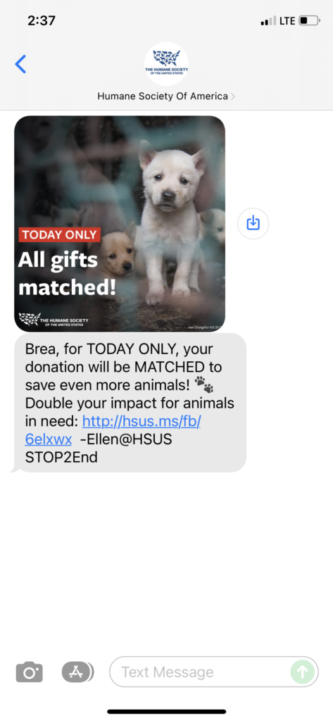 Humane Society of America Text Message Marketing Example - 12.31.2021