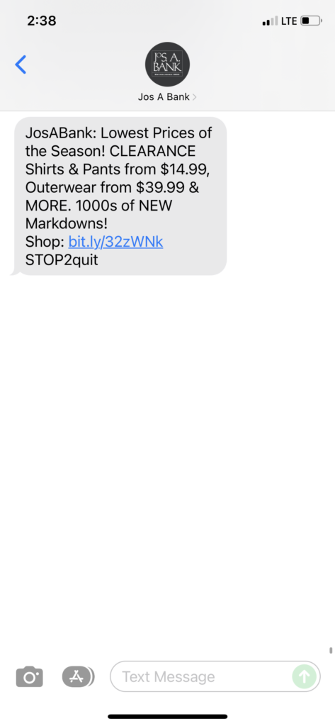 Jos A Bank Text Message Marketing Example - 12.31.2021