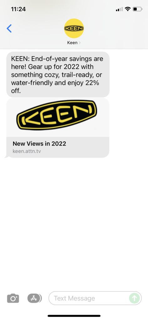 Keen Text Message Marketing Example - 12.22.2021
