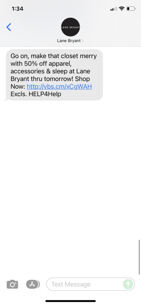 Lane Bryant Text Message Marketing Example - 12.13.2021