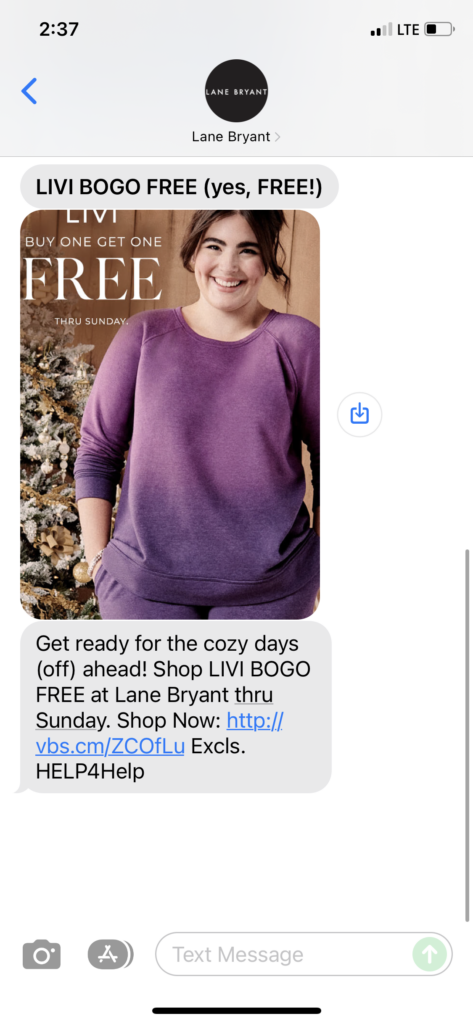 Lane Bryant Text Message Marketing Example - 12.31.2021