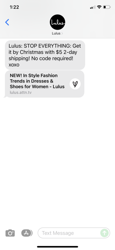 Lulus Text Message Marketing Example - 12.13.2021