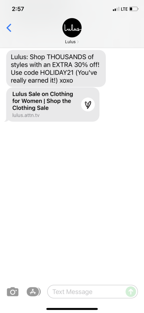 Lulus Text Message Marketing Example - 12.30.2021