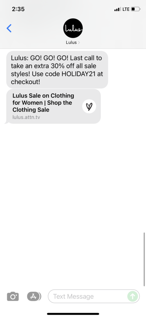 Lulus Text Message Marketing Example - 12.31.2021