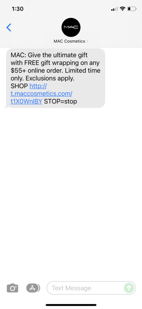 MAC Cosmetics Text Message Marketing Example - 12.13.2021