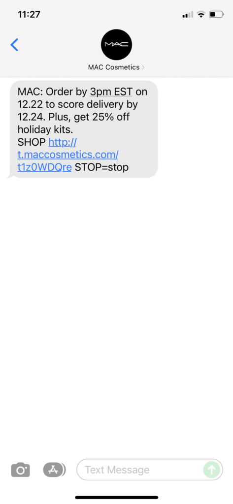 MAC Cosmetics Text Message Marketing Example - 12.22.2021