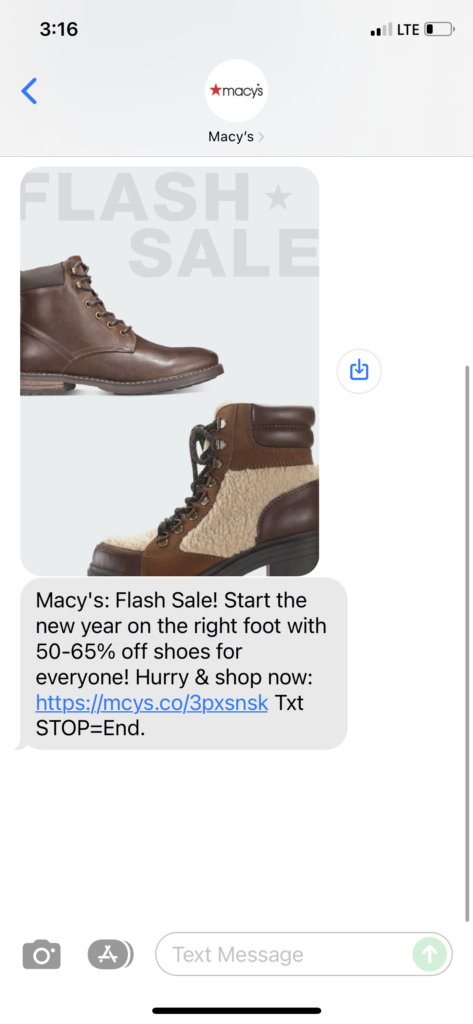 Macy's Text Message Marketing Example - 12.29.2021