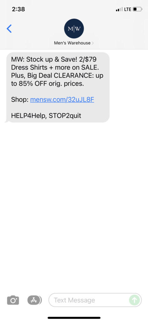 Men's Warehouse Text Message Marketing Example - 12.31.2021